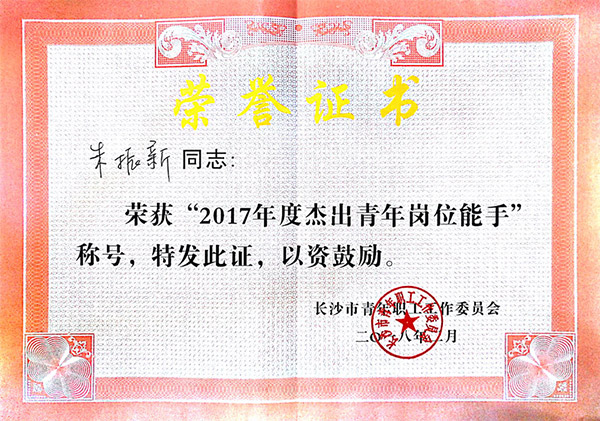 9001cc金沙以诚为本智能朱振新荣获长沙市2017年度优异青年岗位能手